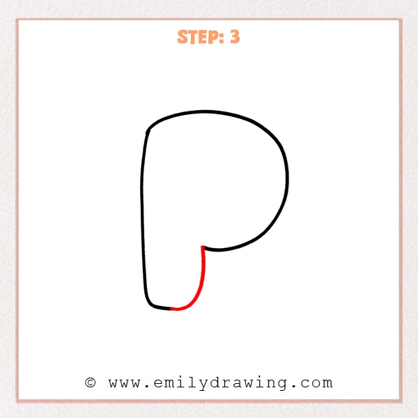 how to draw a bubble letter p - Step 3 of a how to draw bubble letter P tutorial adds an inner line up the stem and curving into the bowl to create the letter’s bubble thickness and inner opening.